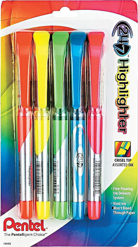 Pentel 24/7™ Highlighter, Chisel Tip, Assorted Barrel, Assorted Ink, 5/Pack