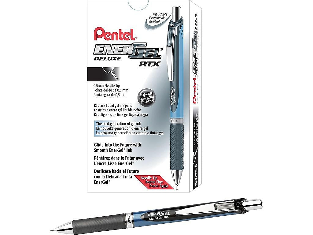 Pentel EnerGel Deluxe RTX Retractable Gel Pens, Fine Point, Black, Dozen