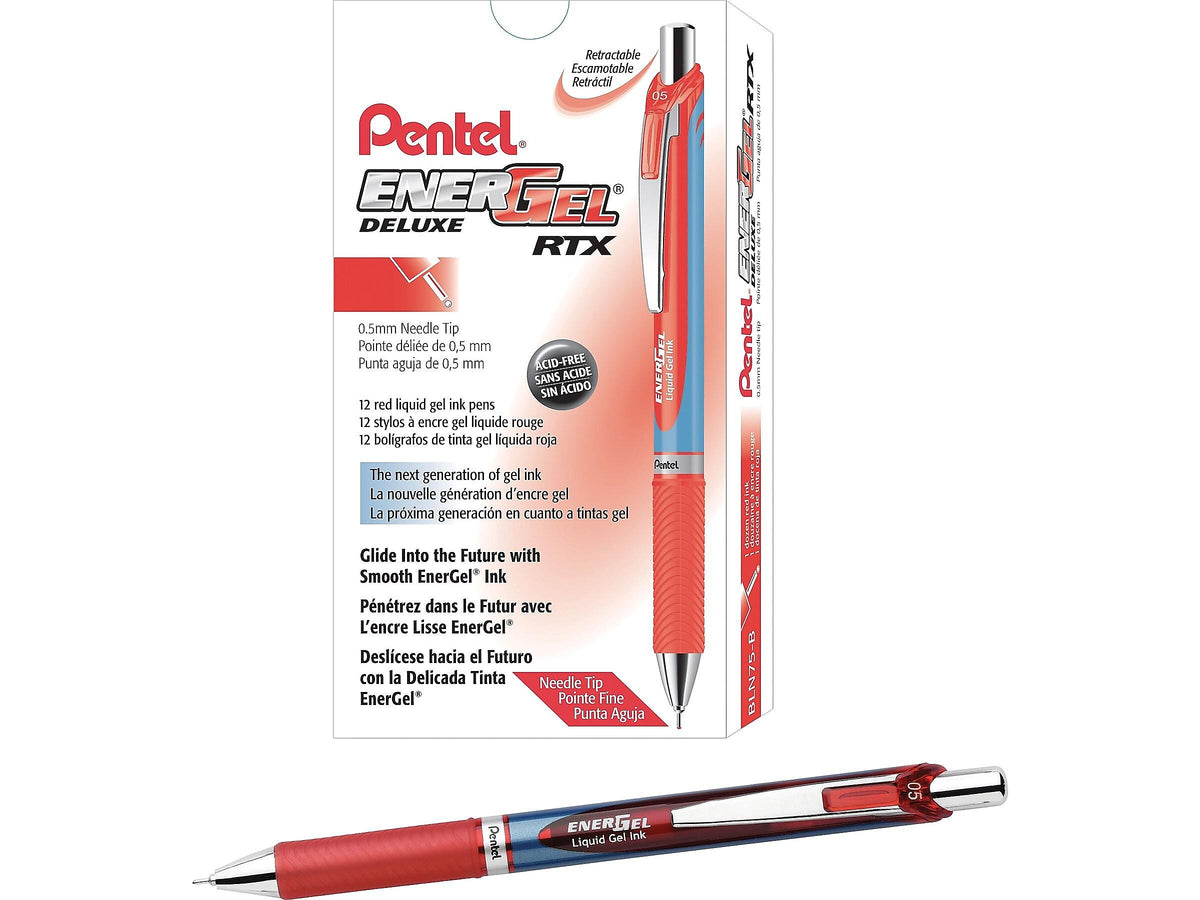 Pentel EnerGel Deluxe RTX Retractable Gel Pens, Fine Point, Red, Dozen