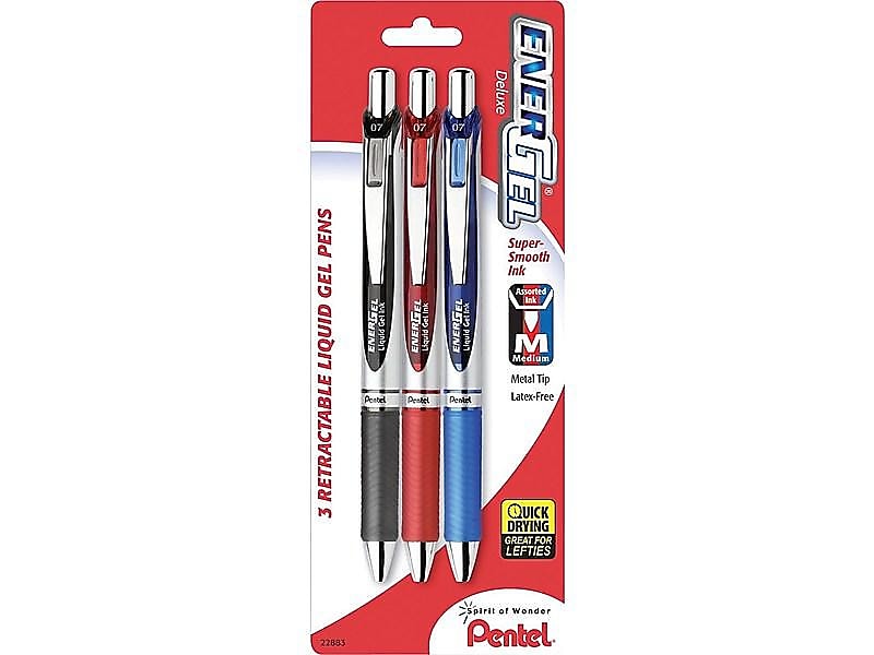 Pentel EnerGel Deluxe RTX Retractable Gel Pens, Medium Point, Assorted Ink, 3 Pack