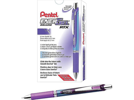 Pentel EnerGel Deluxe RTX Retractable Gel Pens, Medium Point Needle Tip, Purple Ink, 12/Pack