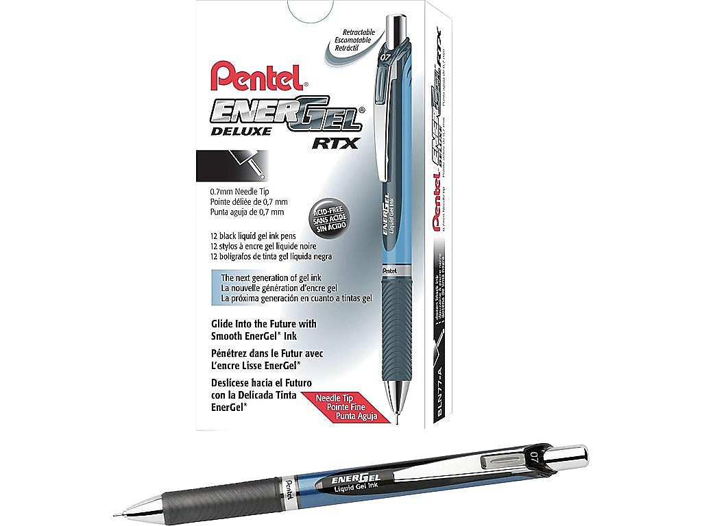 Pentel EnerGel Deluxe RTX Retractable Gel Pens, Needle Tip Medium Point, Black Ink, Dozen