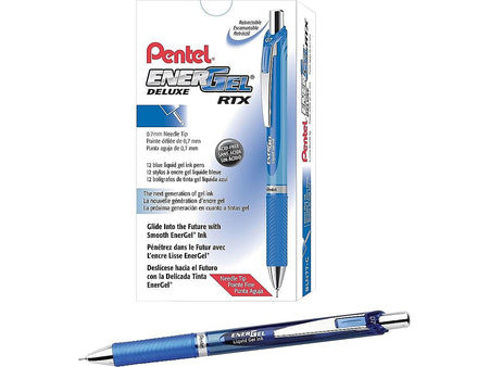 Pentel EnerGel Deluxe RTX Retractable Gel Pens, Needle Tip Medium Point, Blue Ink, Dozen