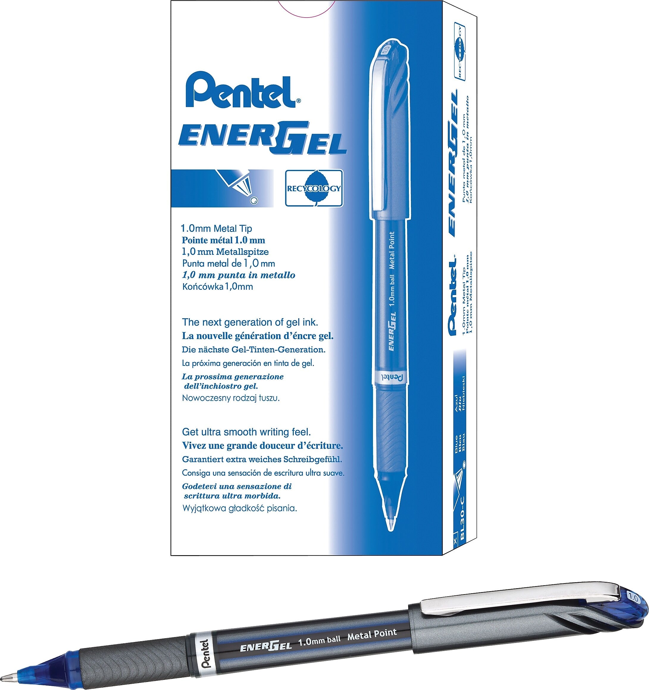 Pentel EnerGel Gel Pen, Metal Point, Blue Ink, Dozen