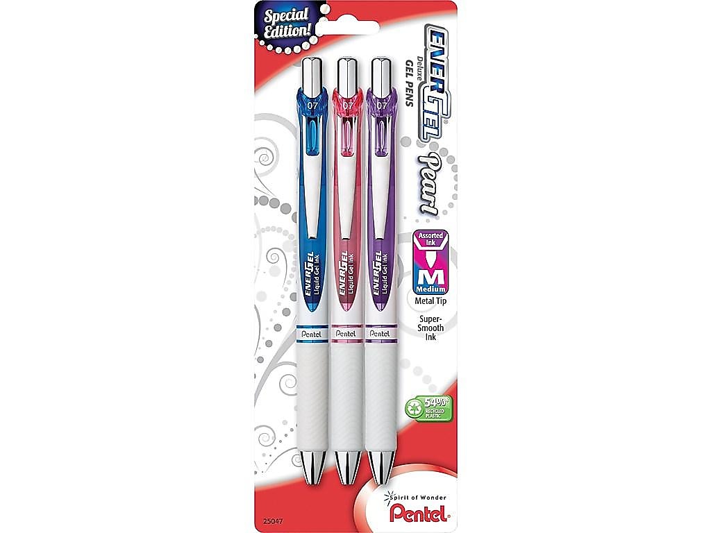 Pentel EnerGel Pearl Deluxe Retractable Gel Pens, Medium Point, Assorted Colors Ink, 3 Pack