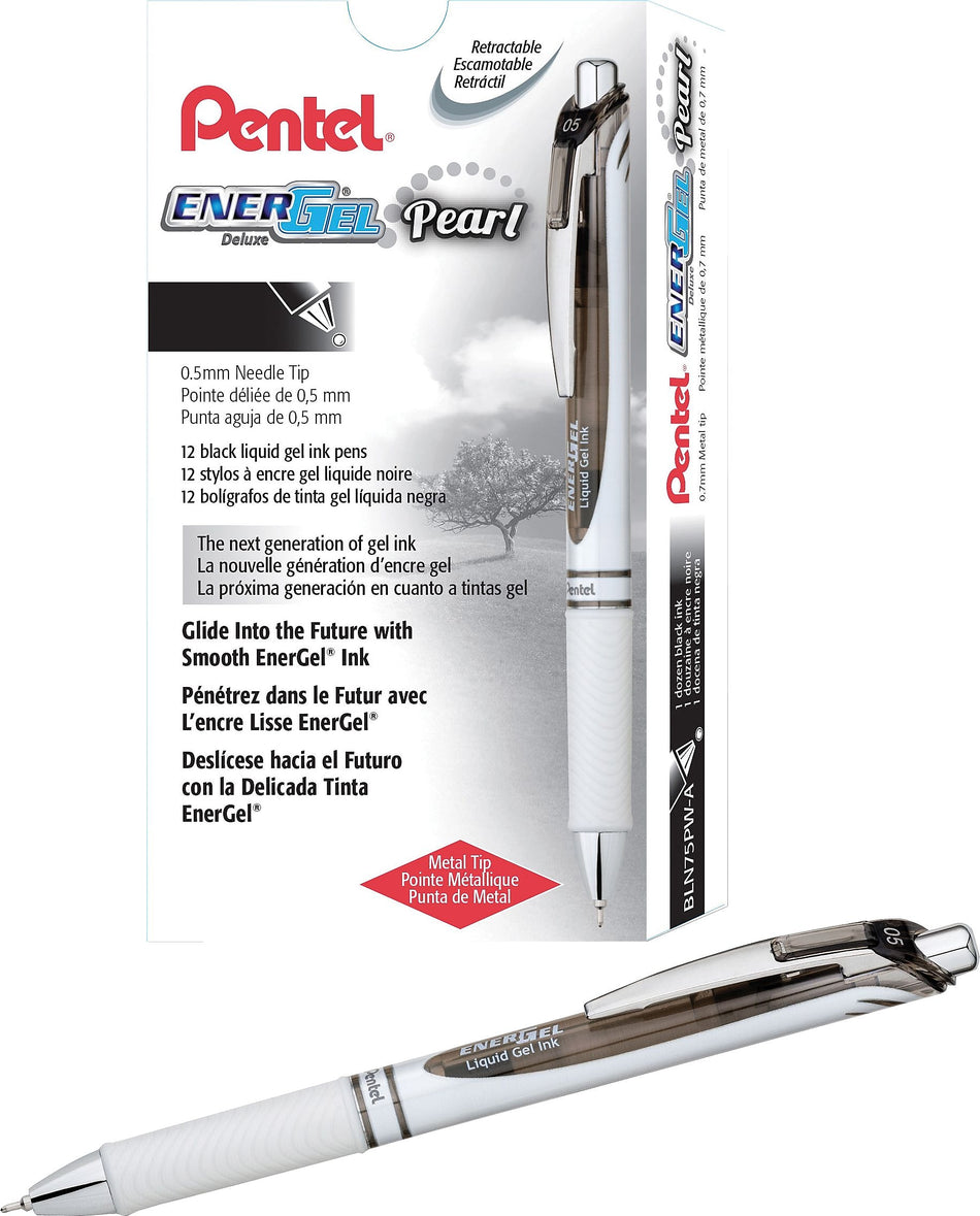 Pentel® EnerGel® Pearl Deluxe RTX Gel Retractable Pens, Fine Point, Black Ink, Dozen