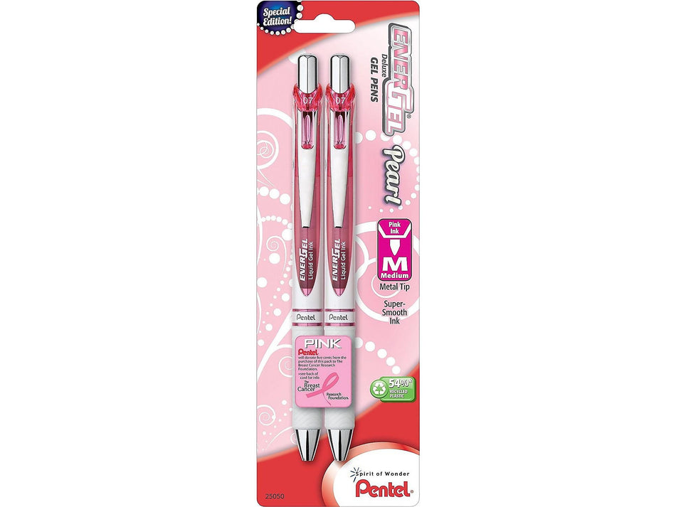 Pentel EnerGel Pearl Deluxe RTX Retractable Gel Pens, Medium Point, Pink Ink, 2 Pack