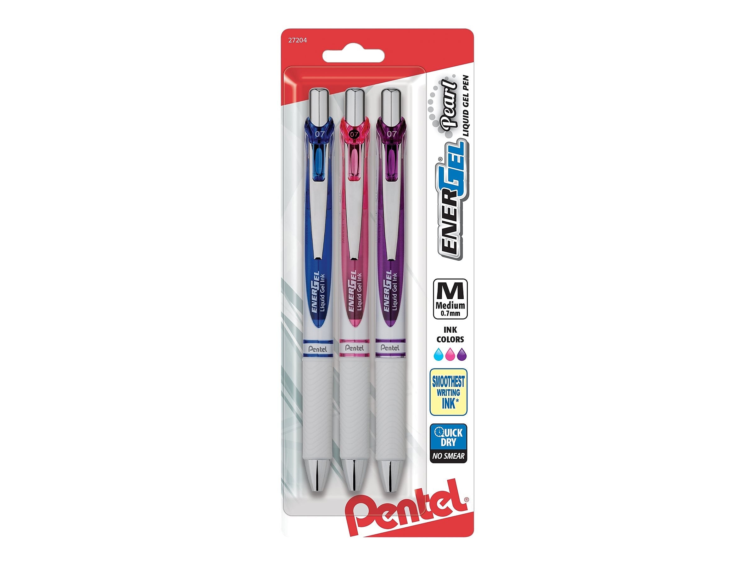 Pentel EnerGel Pearl Retractable Gel Pens, Medium Point, Assorted Inks, 3/Pack