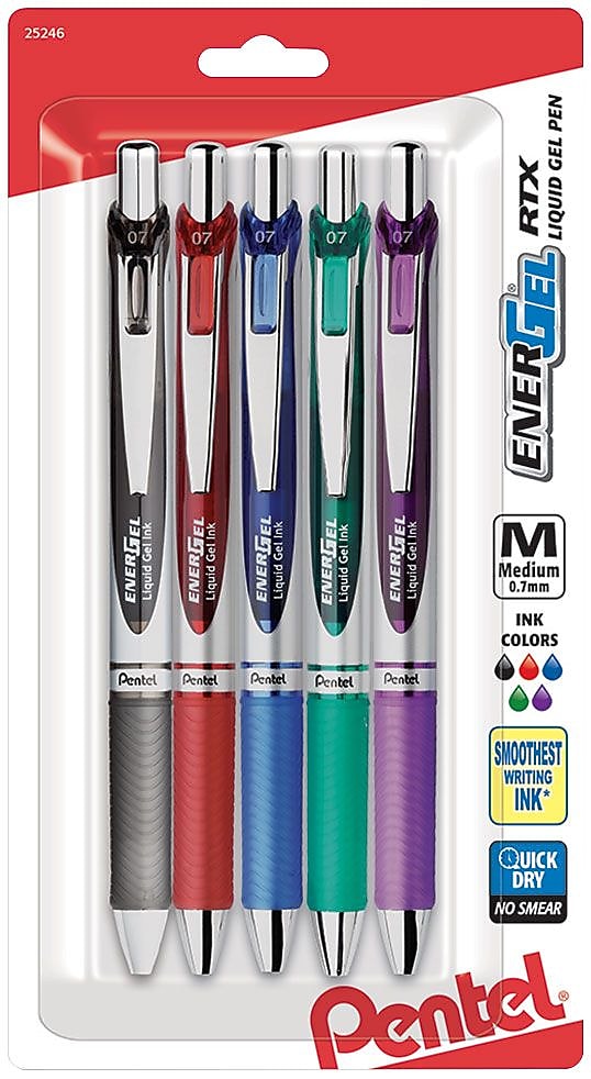 Pentel EnerGel RTX Gel Pen, Medium Point, Assorted Ink, 5 Pack