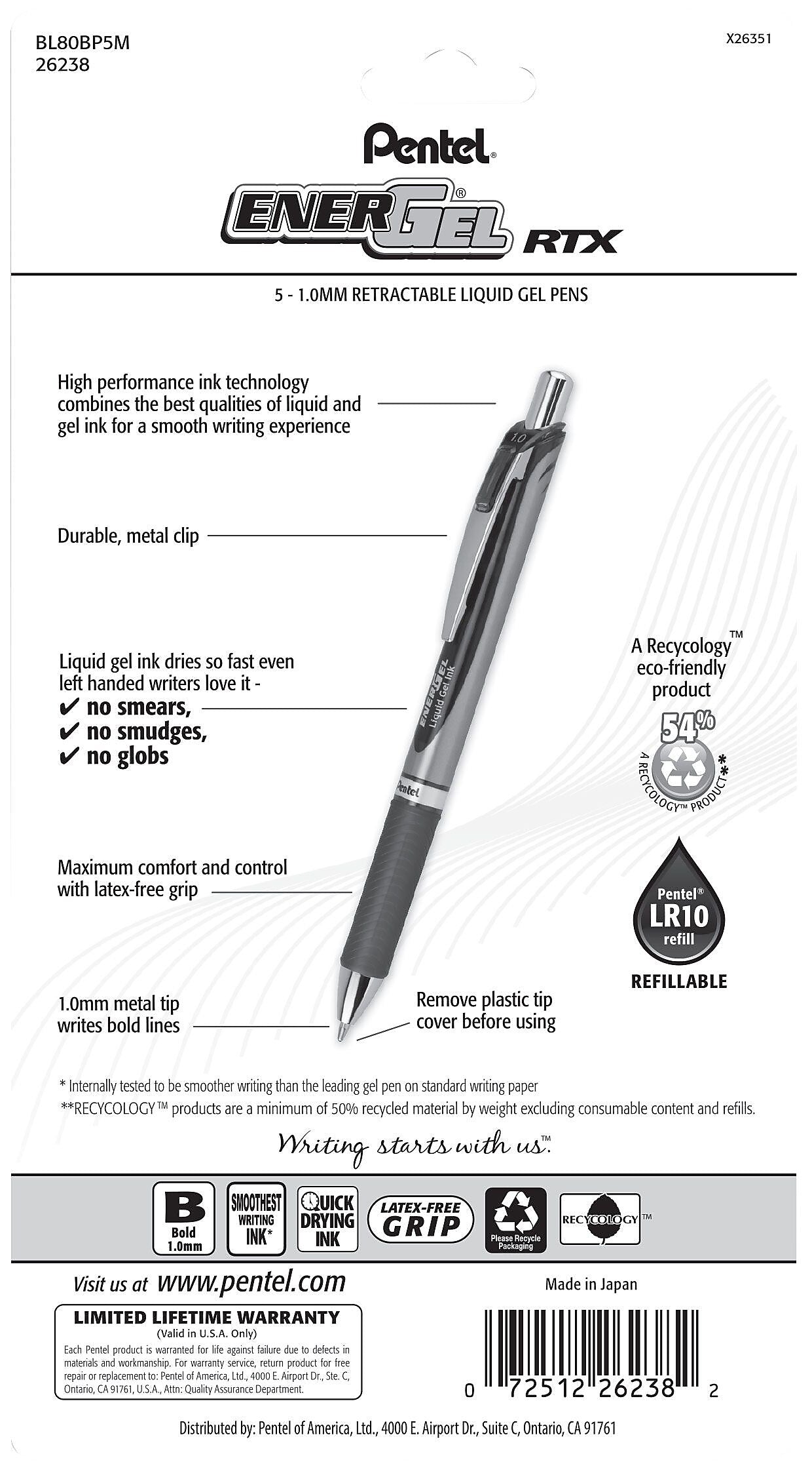 Pentel EnerGel RTX Gel Pens, Bold Point, Assorted Ink, 5/Pack