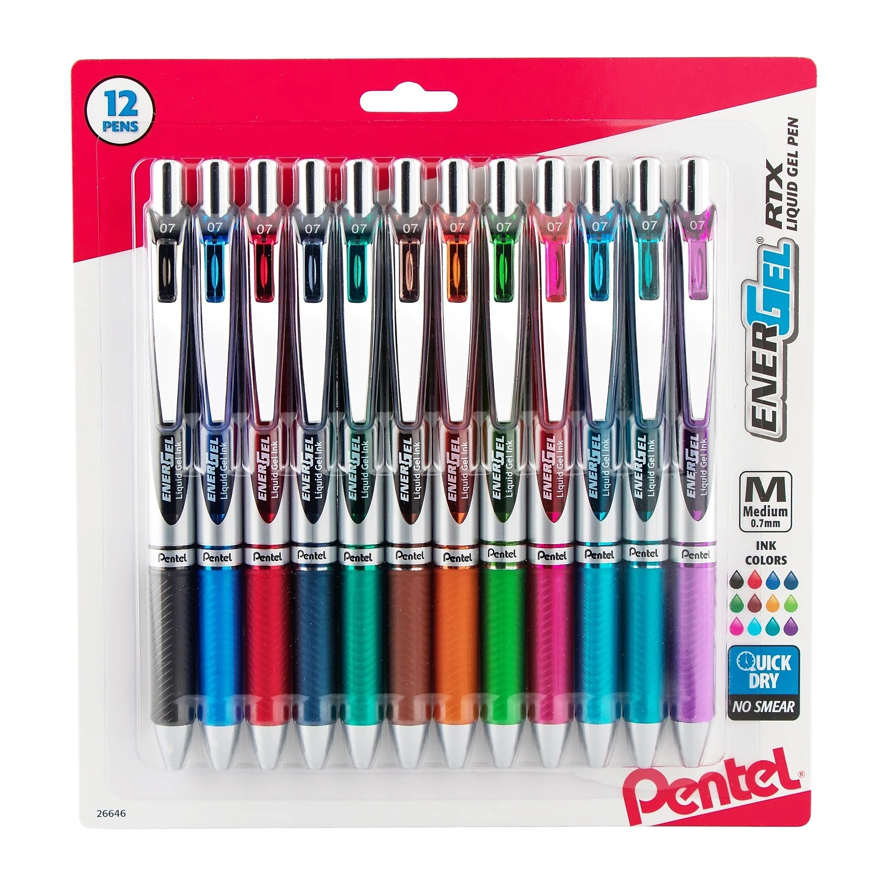 Pentel EnerGel RTX Gel Pens, Medium Point, Assorted Ink, Dozen