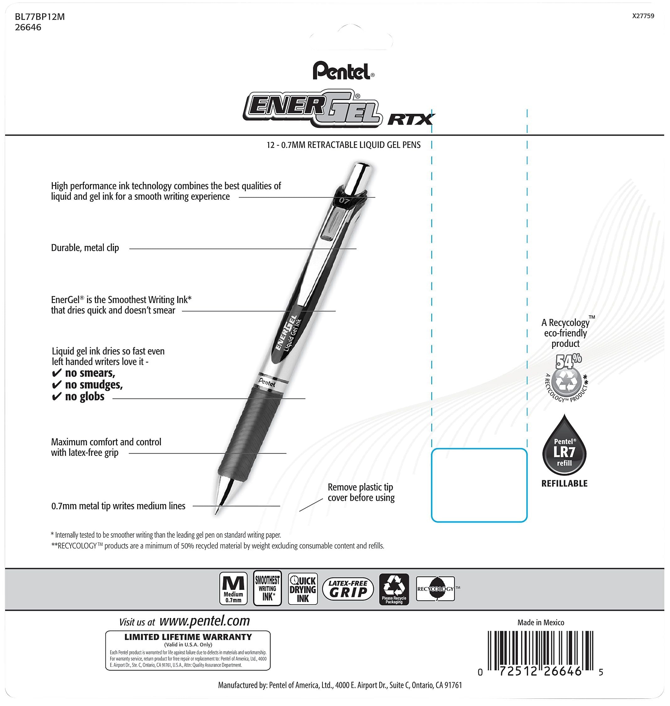 Pentel EnerGel RTX Gel Pens, Medium Point, Assorted Ink, Dozen
