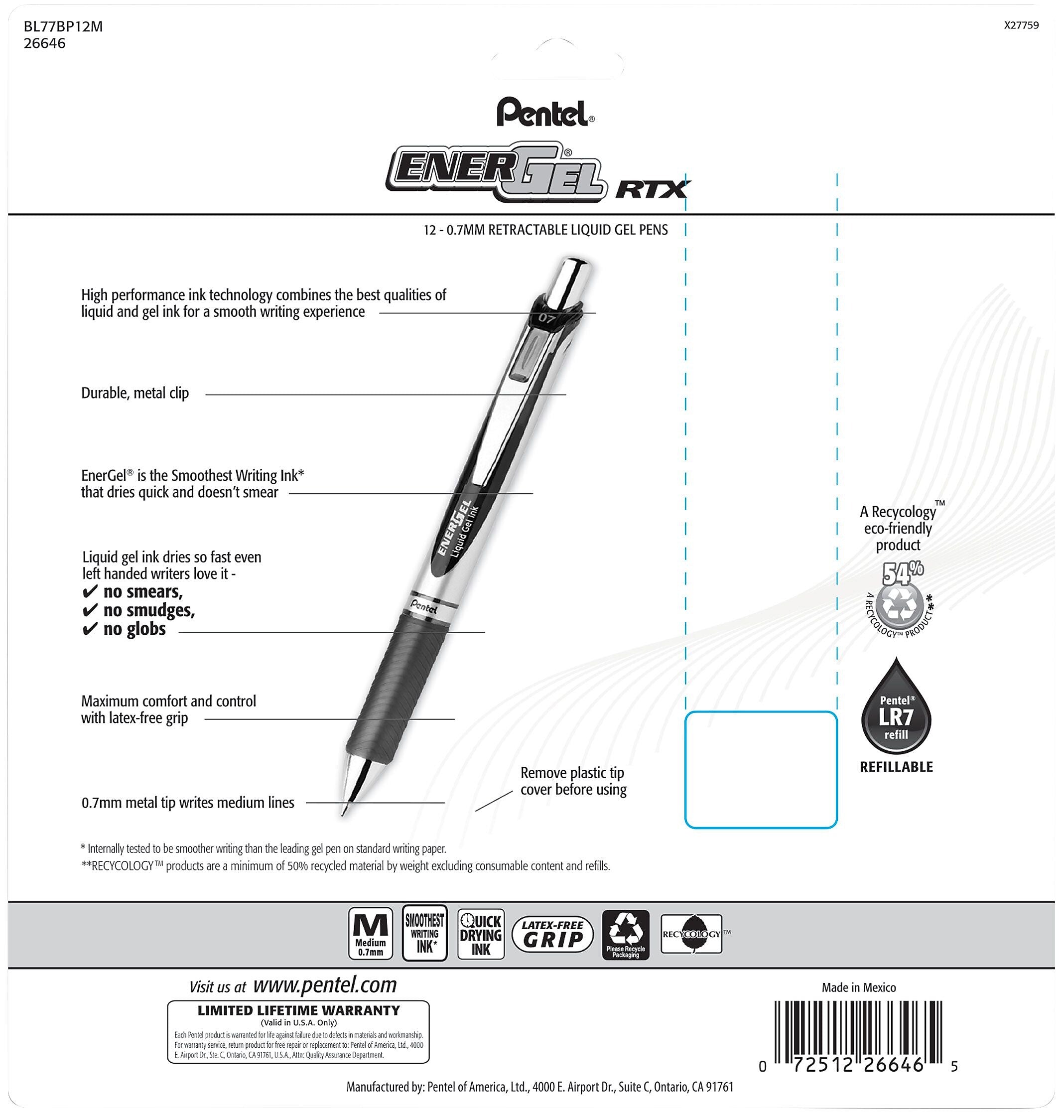 Pentel EnerGel RTX Gel Pens, Medium Point, Assorted Ink, Dozen