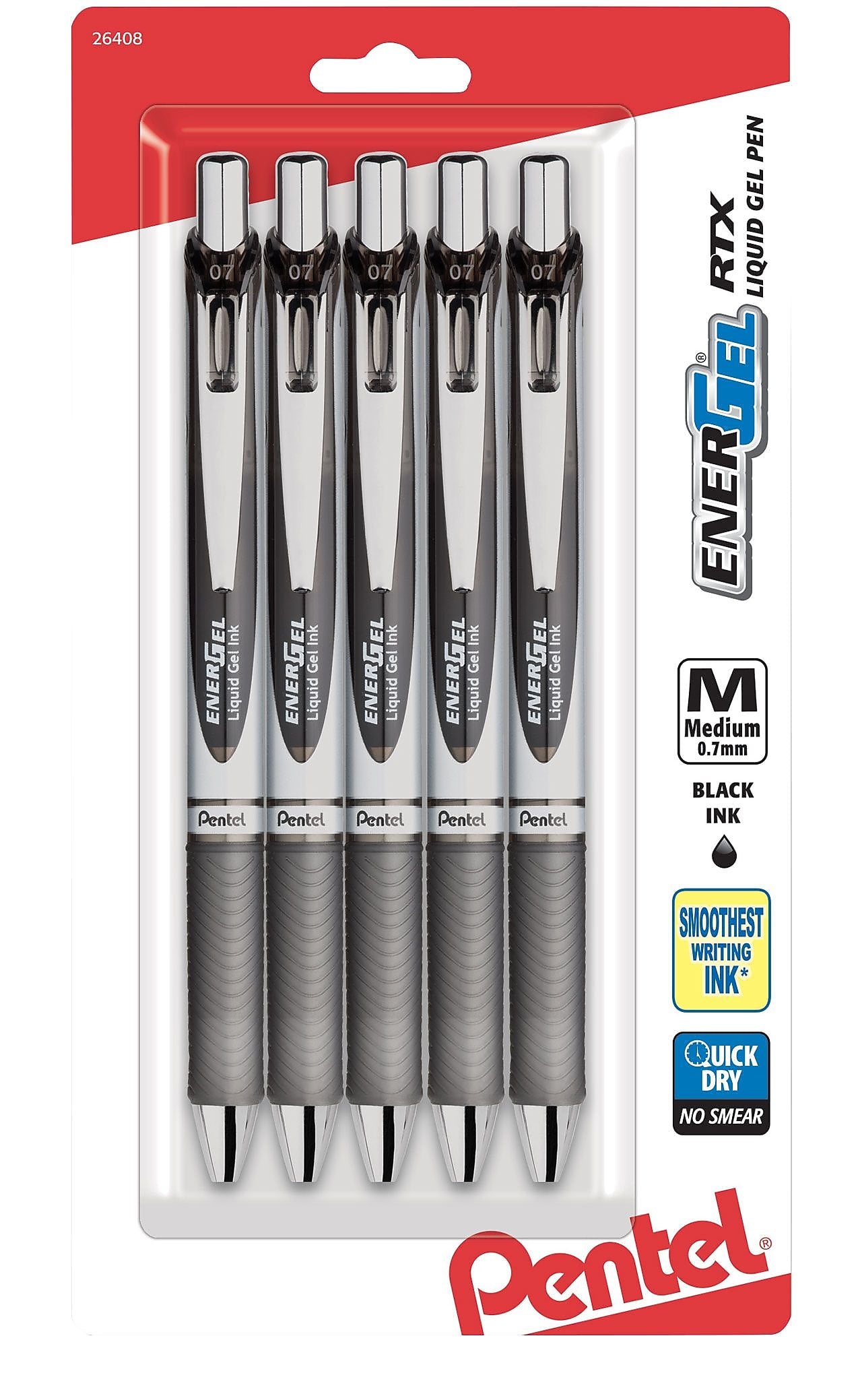 Pentel® EnerGel RTX Liquid Gel Pen, 0.7mm, Black, 5/Pack