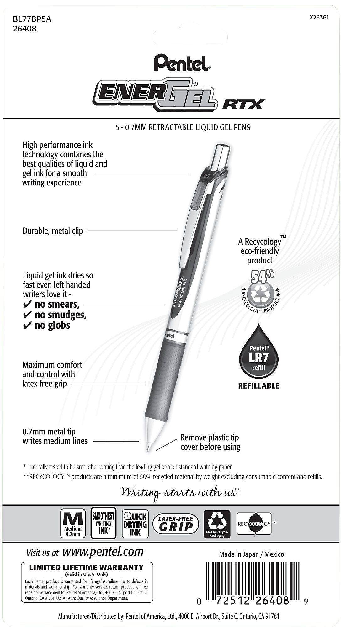 Pentel® EnerGel RTX Liquid Gel Pen, 0.7mm, Black, 5/Pack