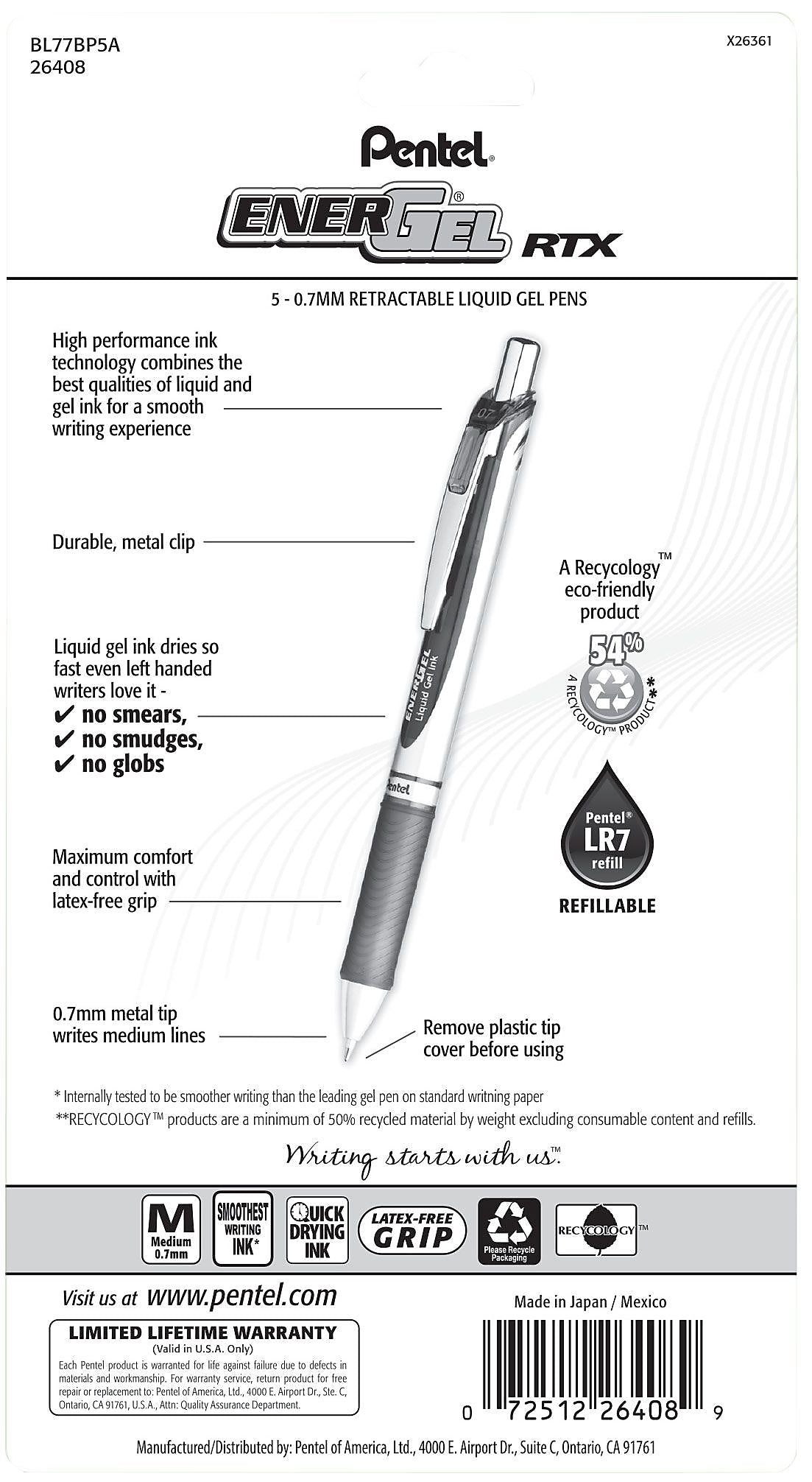 Pentel® EnerGel RTX Liquid Gel Pen, 0.7mm, Black, 5/Pack