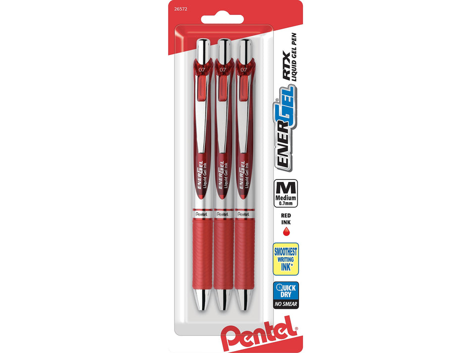 Pentel EnerGel RTX Retractable Gel Pen, Medium Point, 0.7mm, Red Ink, 3/Pack