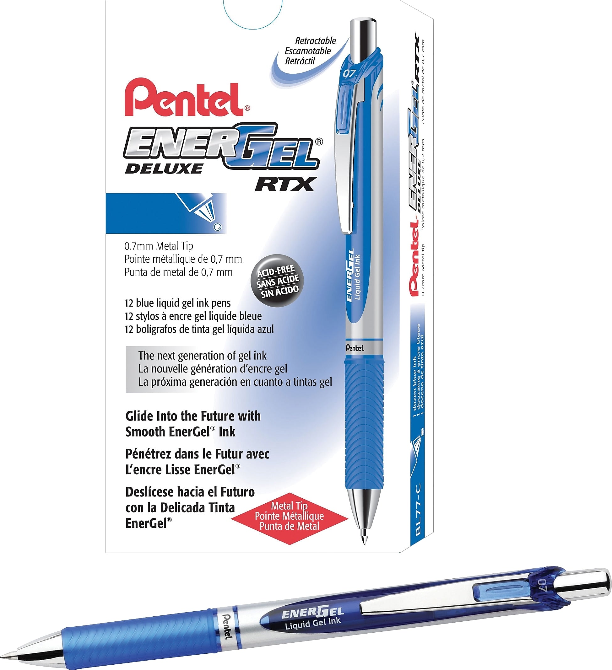 Pentel EnerGel RTX Retractable Gel Pen, Medium Point, Blue Ink, Dozen
