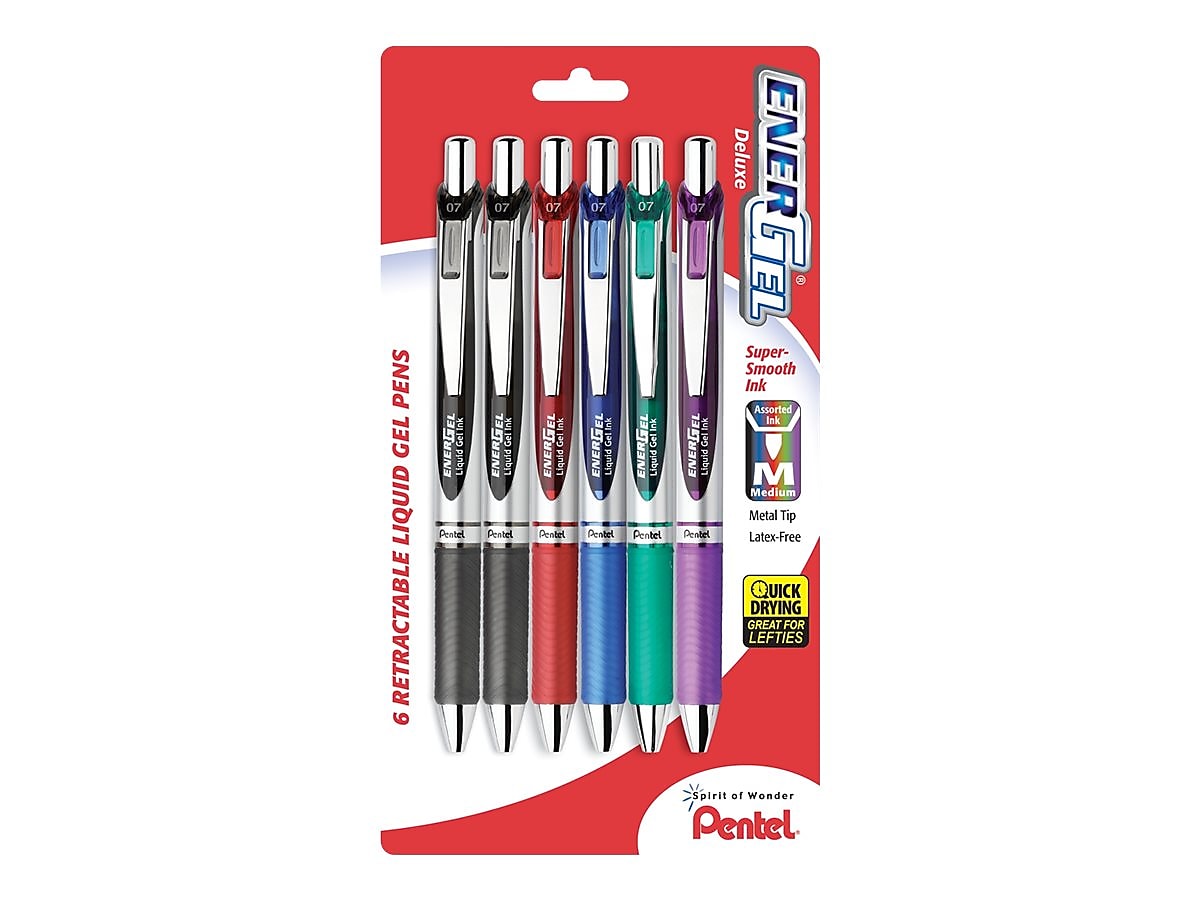 Pentel EnerGel RTX Retractable Gel Pens, Medium Point, Assorted Ink, 6/Pack