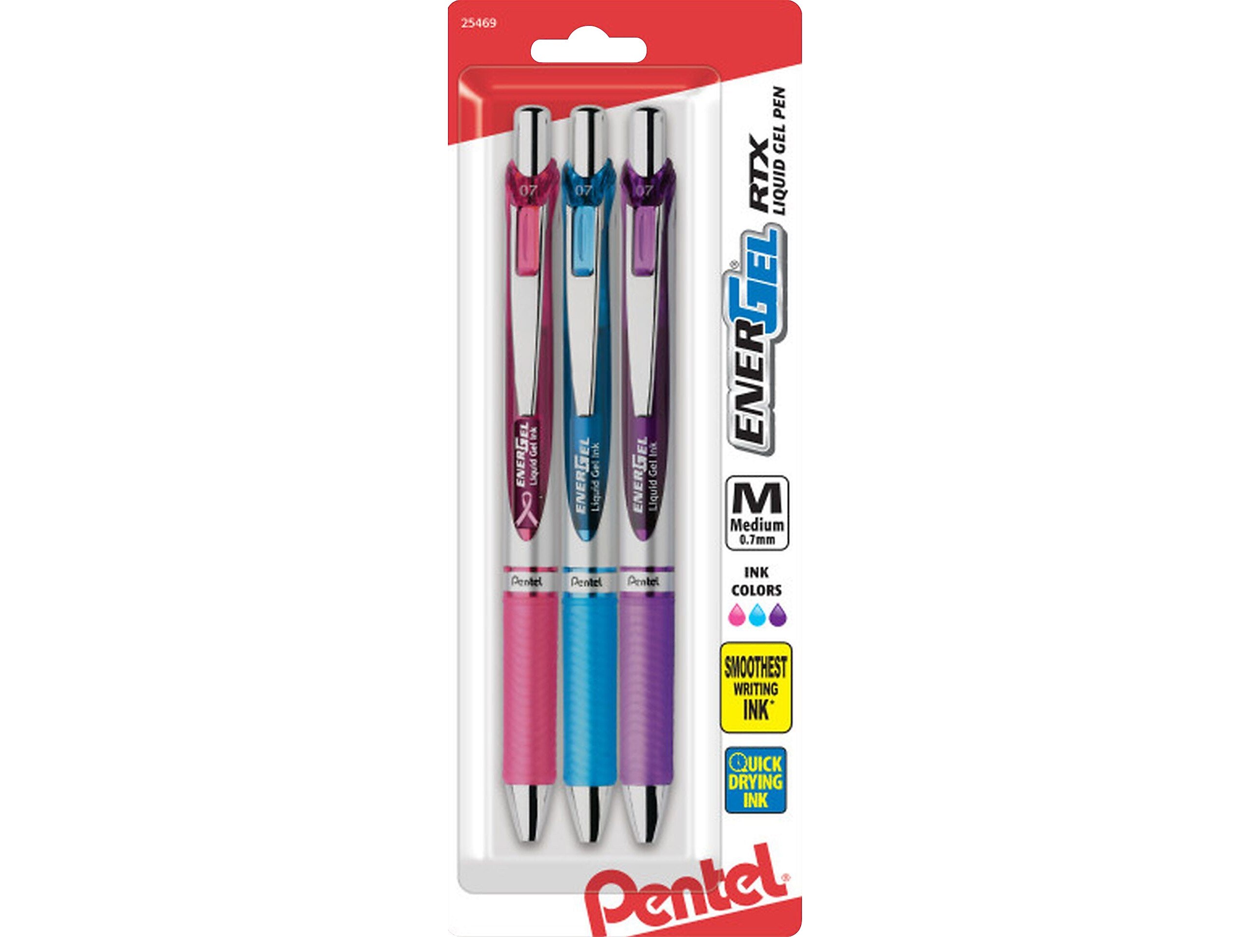 Pentel EnerGel RTX Retractable Gel Pens, Medium Point, Assorted Inks, 3/Pack