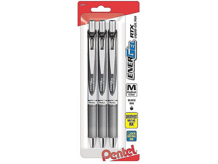 Pentel EnerGel RTX Retractable Gel Pens, Medium Point, Black Ink, 3 Pack