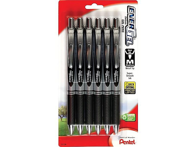 Pentel EnerGel RTX Retractable Gel Pens, Medium Point, Black Ink, 6/Pack