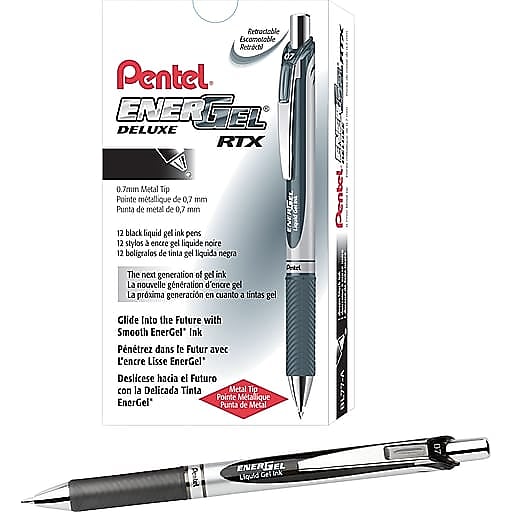 Pentel EnerGel RTX Retractable Gel Pens, Medium Point, Black Ink, Dozen