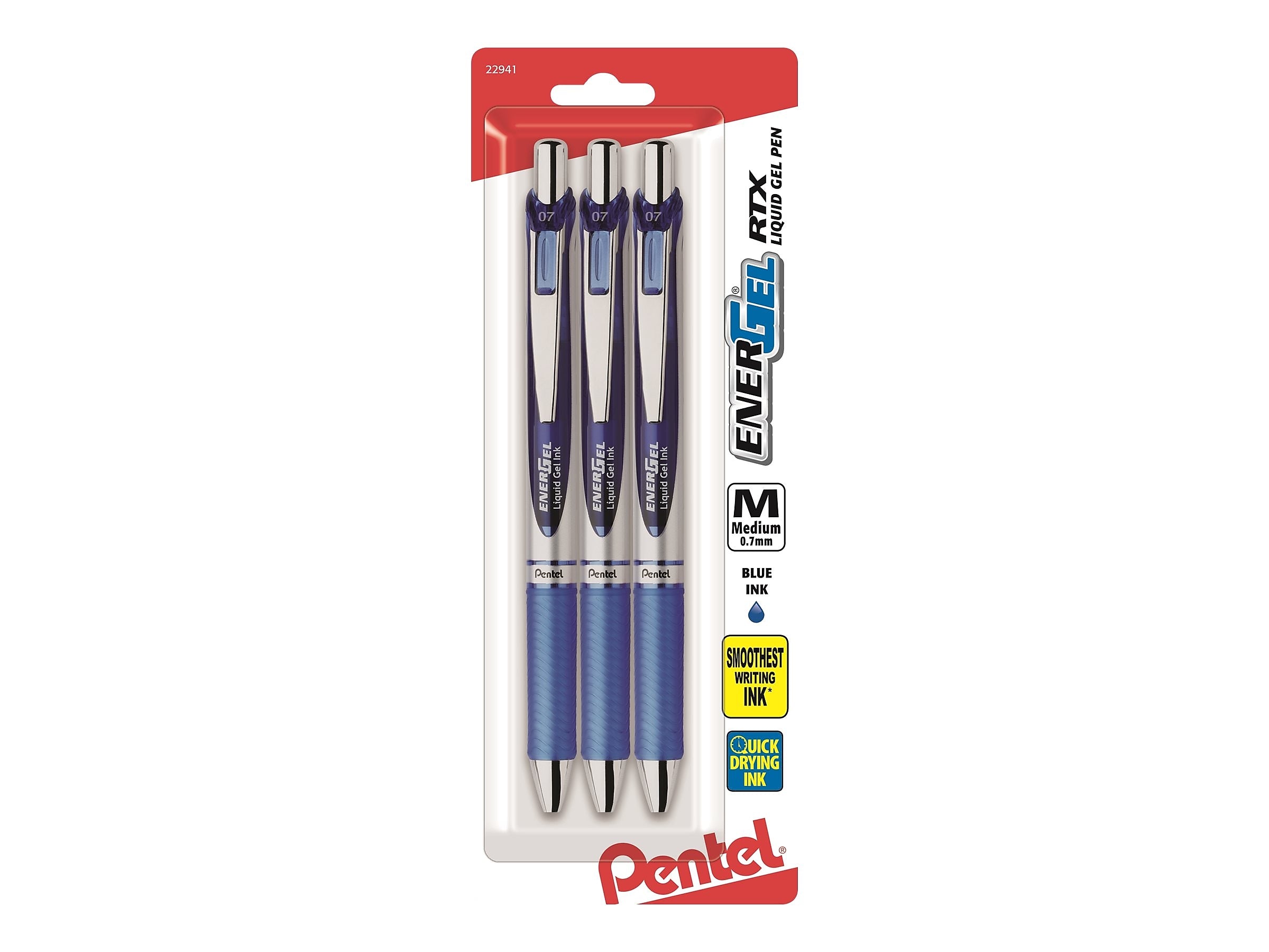 Pentel EnerGel RTX Retractable Gel Pens, Medium Point, Blue Ink, 3/Pack