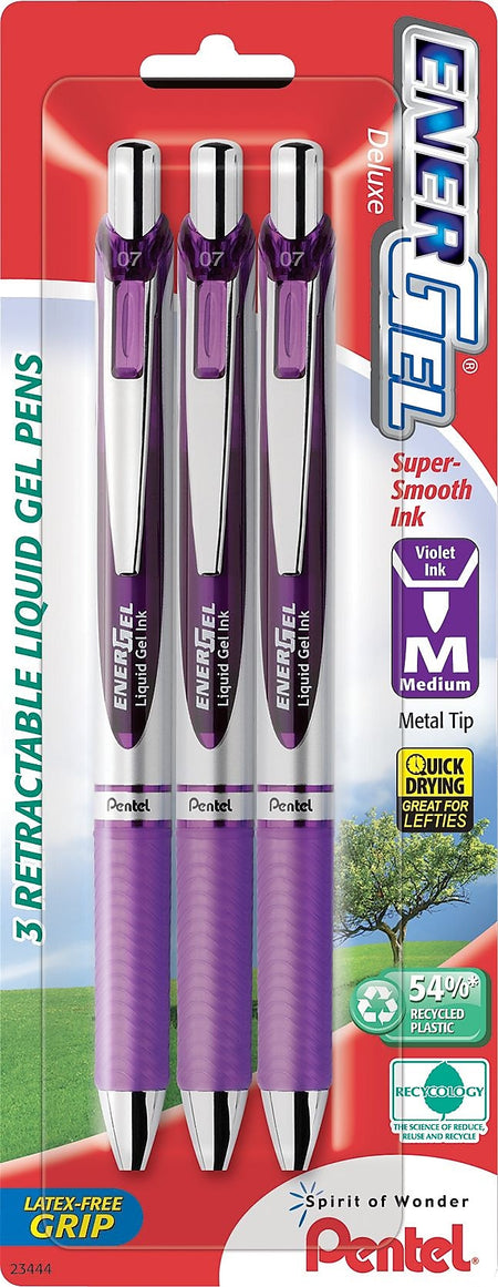 Pentel EnerGel RTX Retractable Gel Pens, Medium Point, Purple Ink, 3/Pack