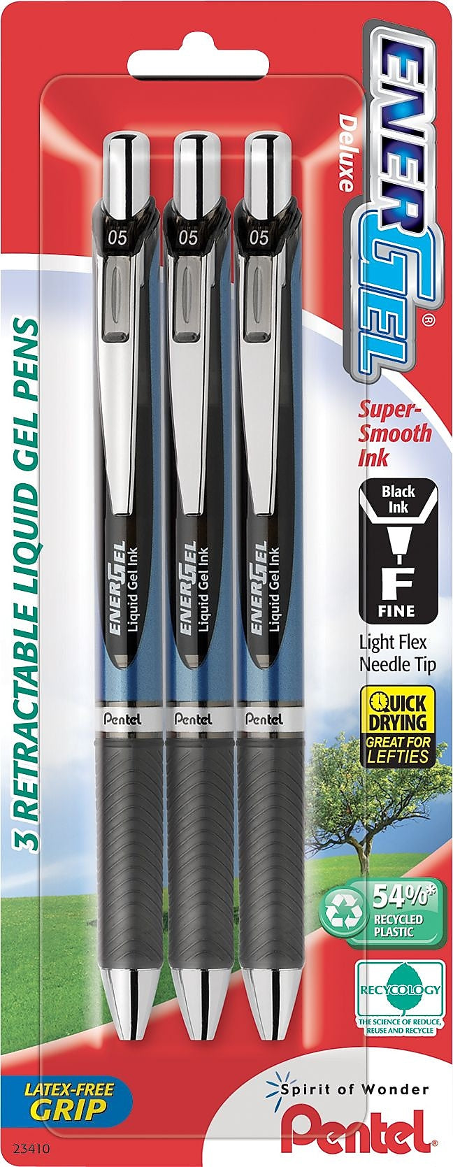 Pentel EnerGel RTX Retractable Gel Pens, Needle Tip Fine Point, Black Ink, 3/Pack
