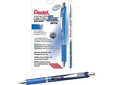 Pentel EnerGel RTX Retractable Gel Pens, Needle Tip Fine Point, Blue, Dozen