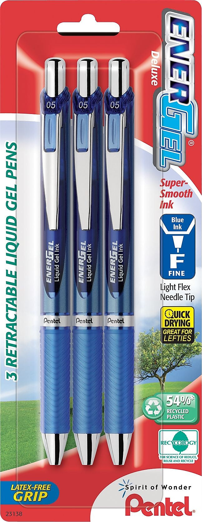 Pentel EnerGel RTX Retractable Gel Pens, Needle Tip Fine Point, Blue Ink, 3/Pack