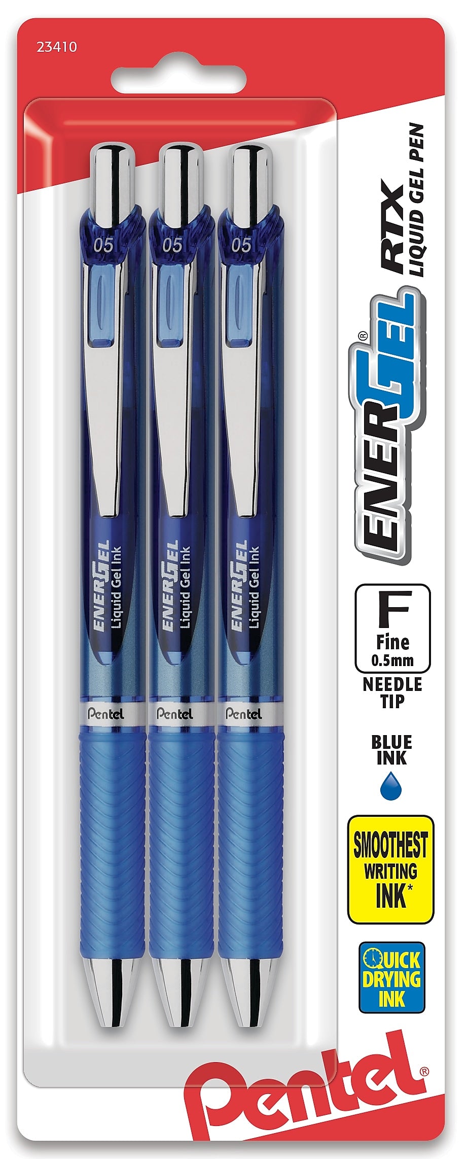 Pentel EnerGel RTX Retractable Gel Pens, Needle Tip Fine Point, Blue Ink, 3/Pack