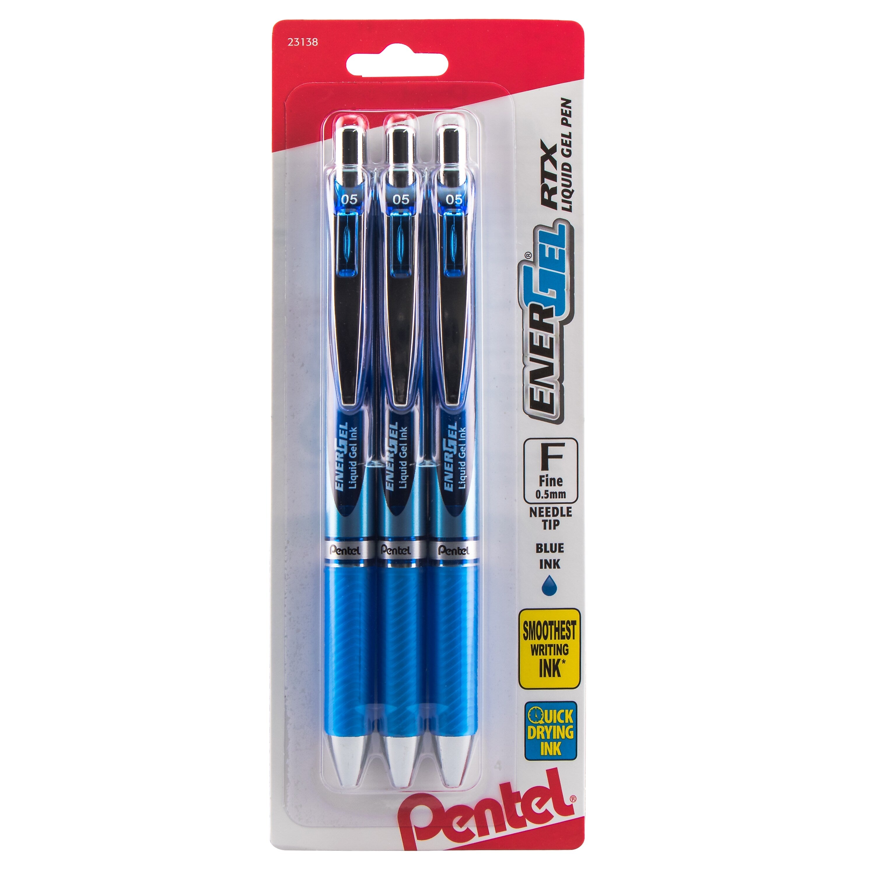 Pentel EnerGel RTX Retractable Gel Pens, Needle Tip Fine Point, Blue Ink, 3/Pack