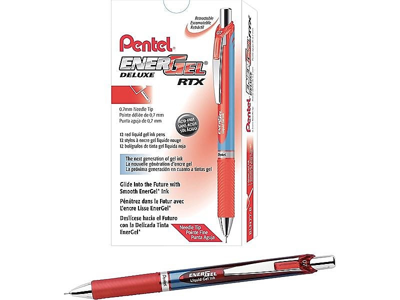 Pentel EnerGel RTX Retractable Gel Pens, Needle Tip Medium Point, Red Ink, 12/Pack