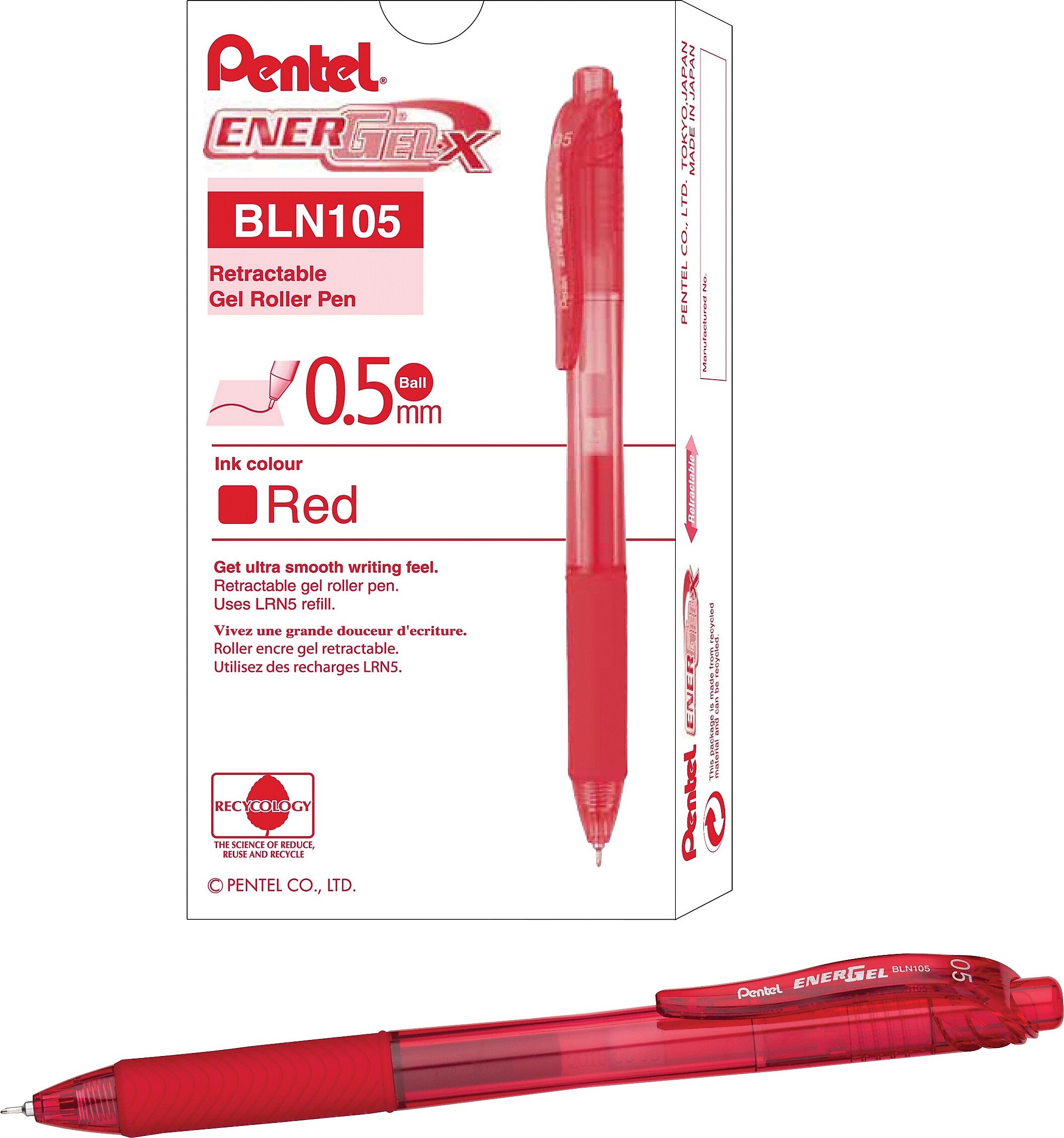 Pentel EnerGel-X Retractable Gel Pens, Fine Point, Red Ink, Dozen