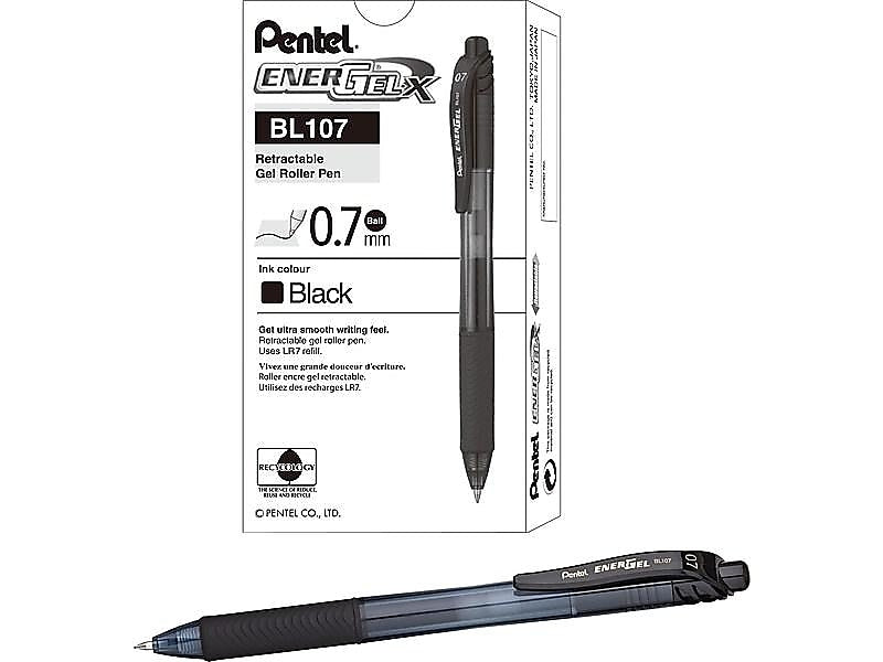 Pentel EnerGel-X Retractable Gel Pens, Medium Point, Black Ink, 12/Pack