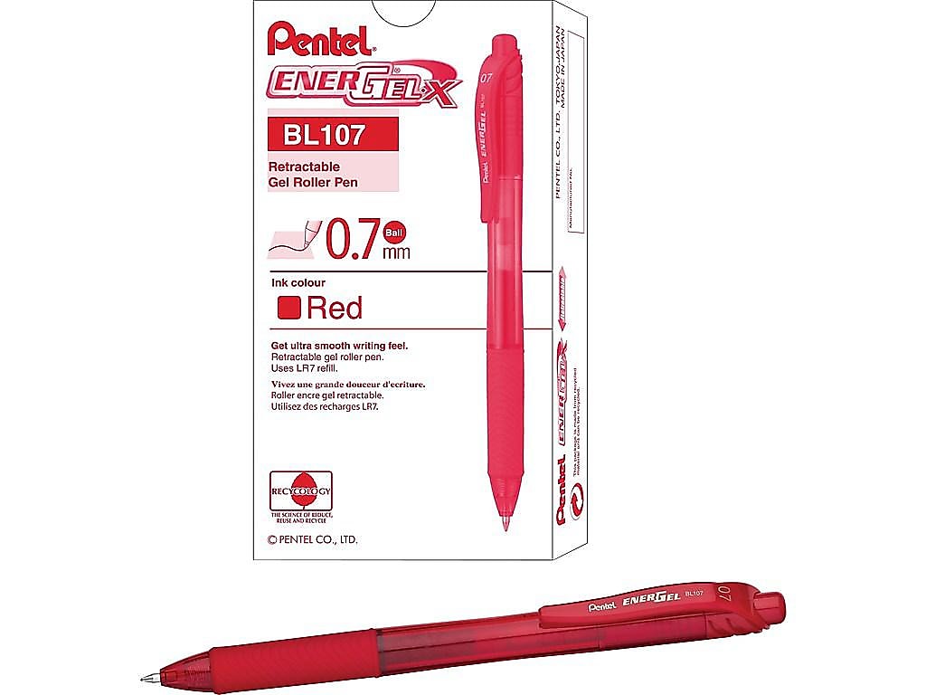 Pentel EnerGel-X Retractable Gel Pens, Medium Point, Red Ink, 12/Pack