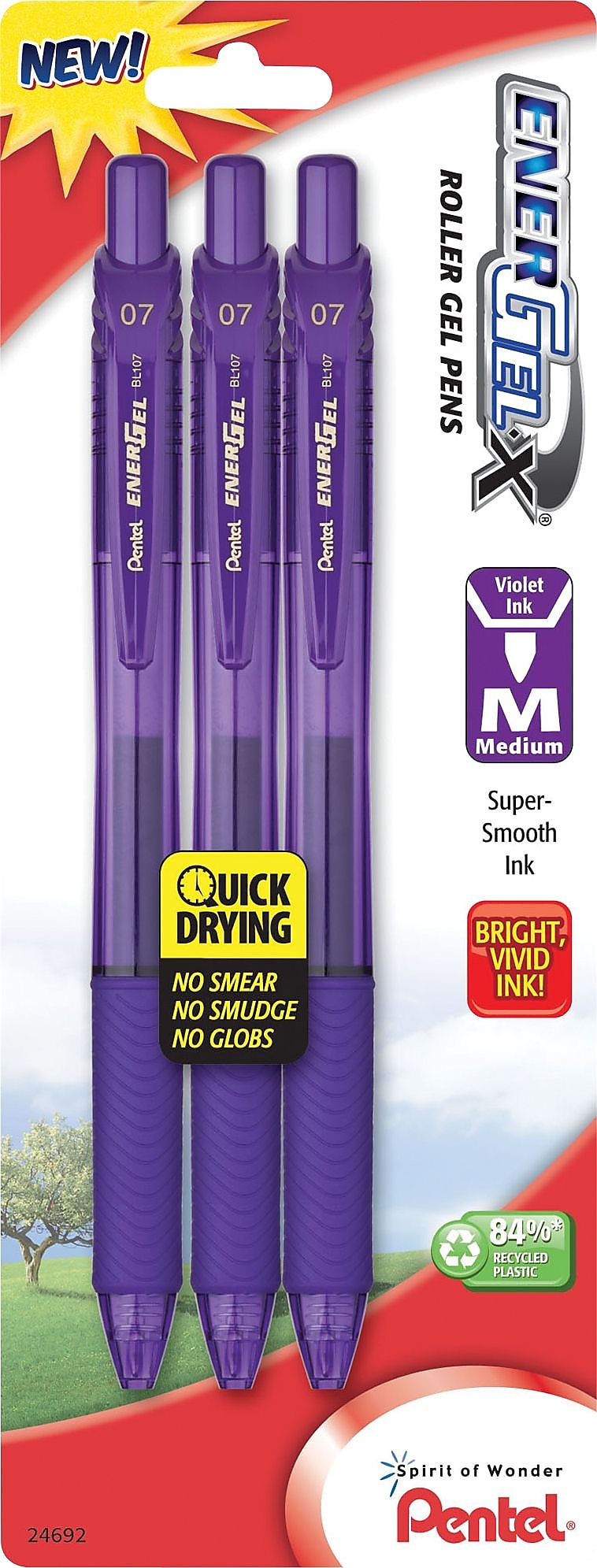 Pentel® EnerGel-X® Retractable Roller Gel Pen, Medium Point, Violet Ink, 3/Pk