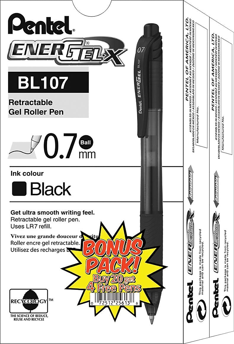 Pentel EnerGel-X Retractable Roller Gel Pens, Medium Point, Black Ink, 24/Pack