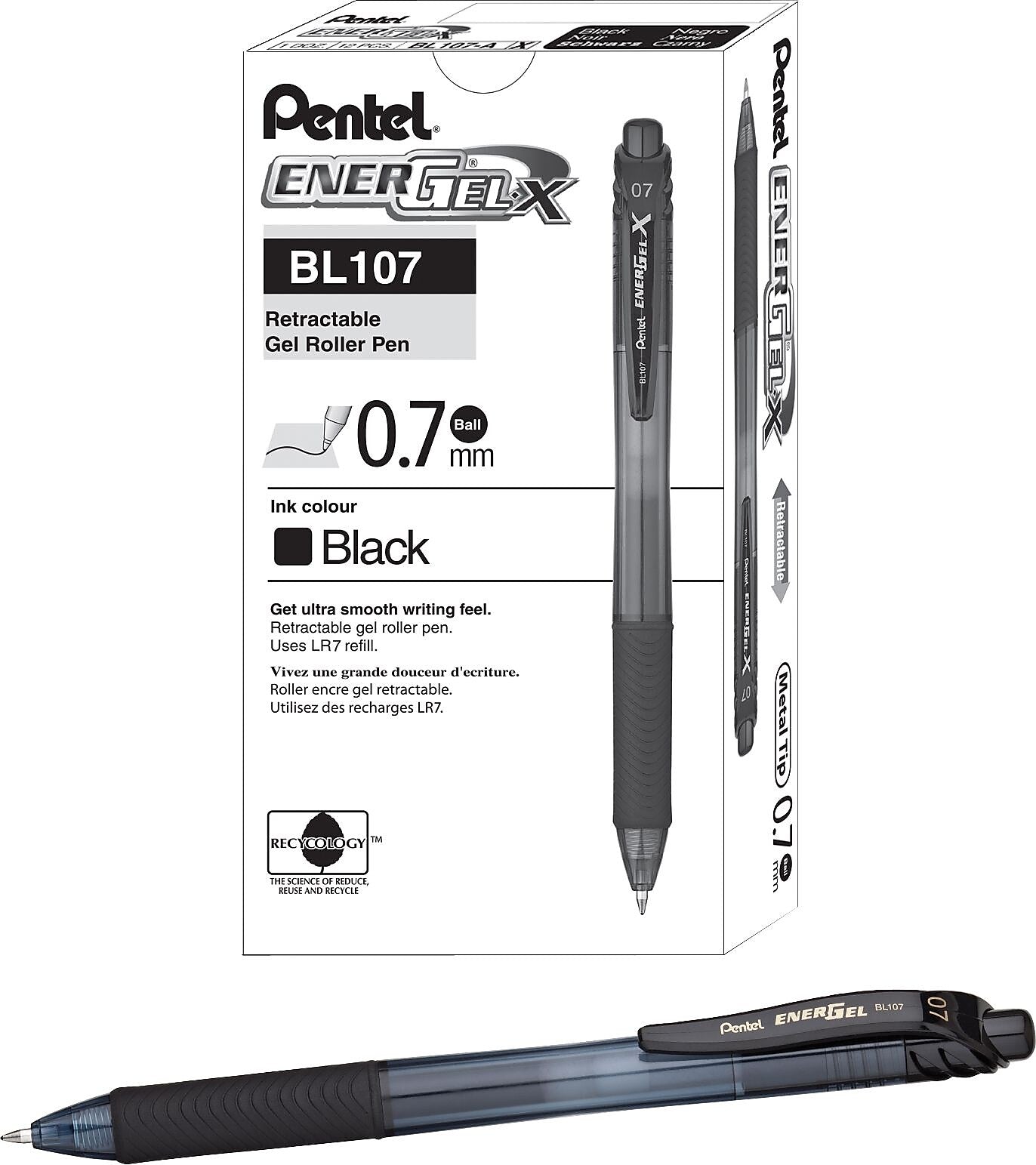 Pentel EnerGel-X Retractable Roller Gel Pens, Medium Point, Black Ink, 24/Pack