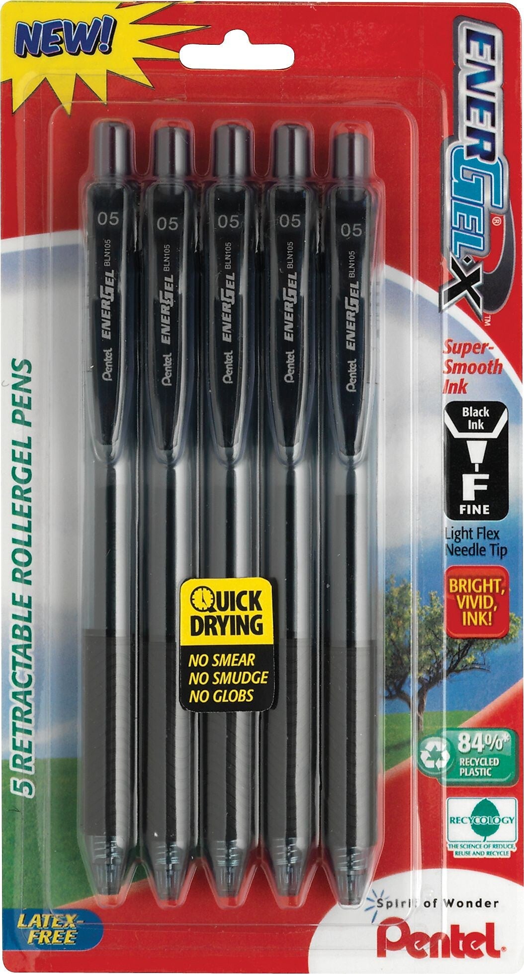 Pentel EnerGel-X RollerGel Retractable Gel-Ink Pens, Medium Point, Black Ink, 5/Pack