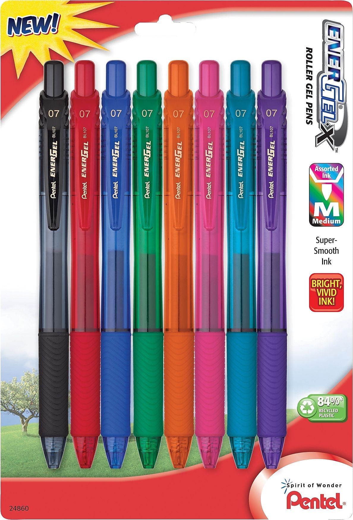 Pentel EnerGel-X RollerGel Retractable Gel Pens, Medium Point, Assorted Ink Colors, 8/Pack