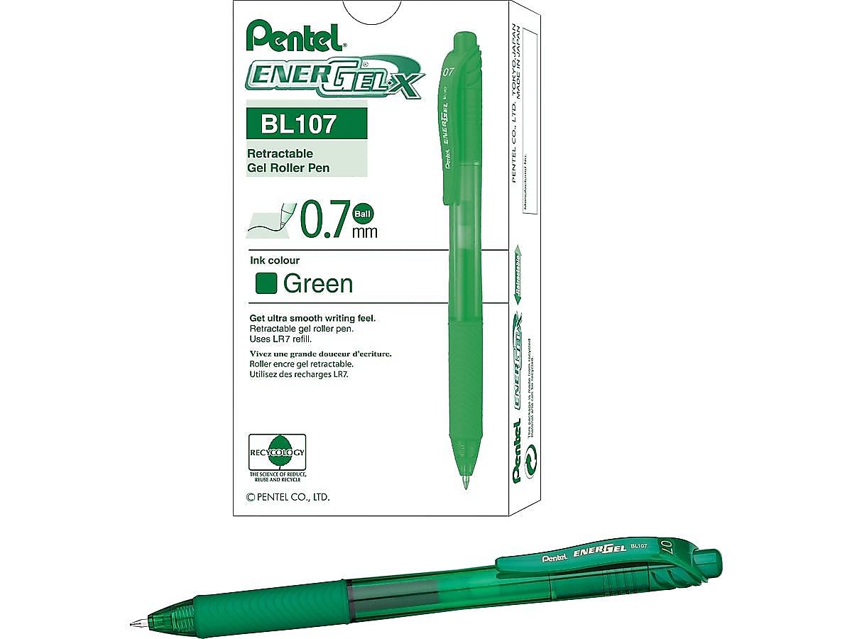 Pentel EnerGel-X RollerGel Retractable Gel Pens, Medium Point, Green Ink, Dozen