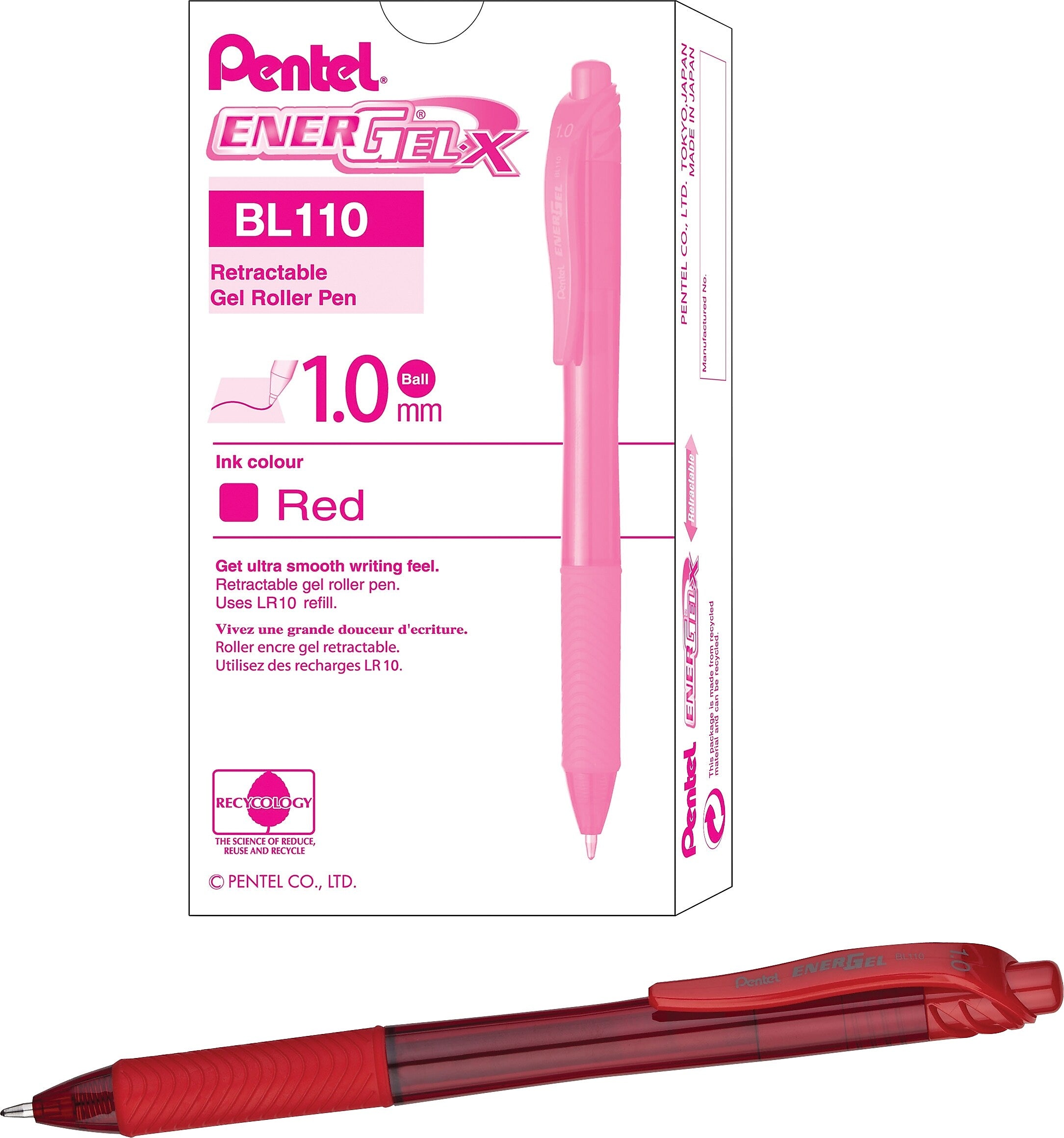 Pentel EnerGelX Retractable Gel Pens, Bold Point, Red Ink, 12/Pack