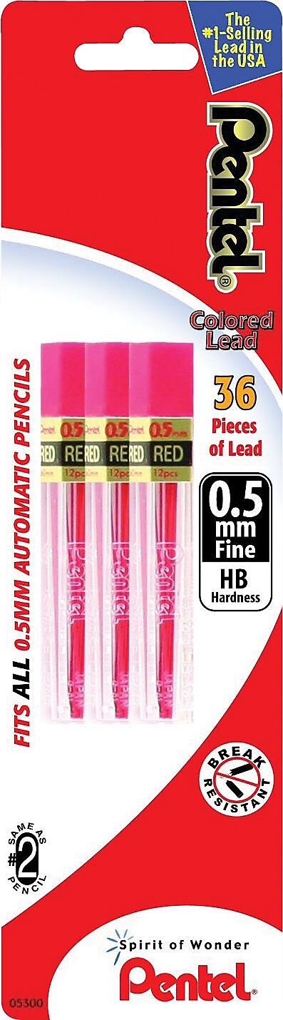 Pentel Lead Refill, 0.5mm, 12/Leads, 3/Pack