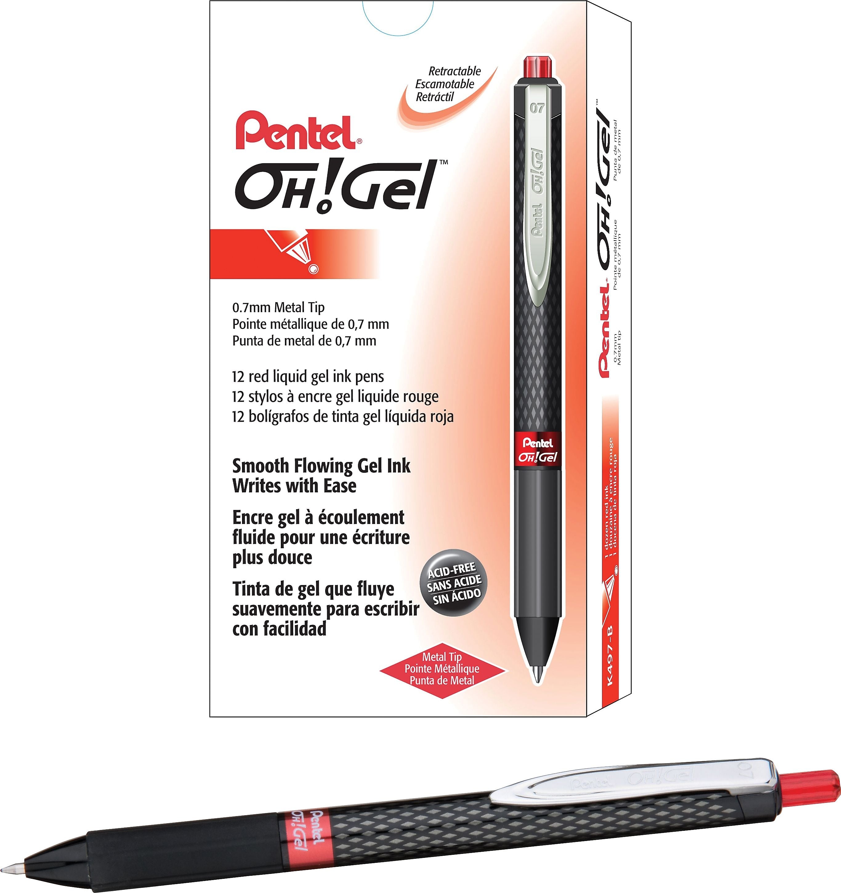 Pentel Oh! Gel™ Retractable Gel Pens, Medium Point, Red Ink, Dozen