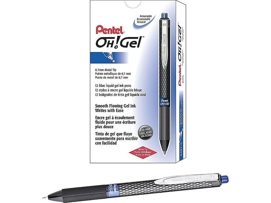 Pentel Oh! Retractable Gel Pens, Medium Point, Blue Ink, Dozen