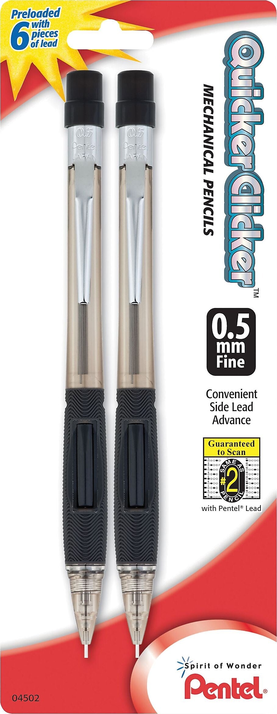 Pentel Quicker-Clicker Mechanical Pencil, 0.5mm, #2 Medium Lead, 2/Pack
