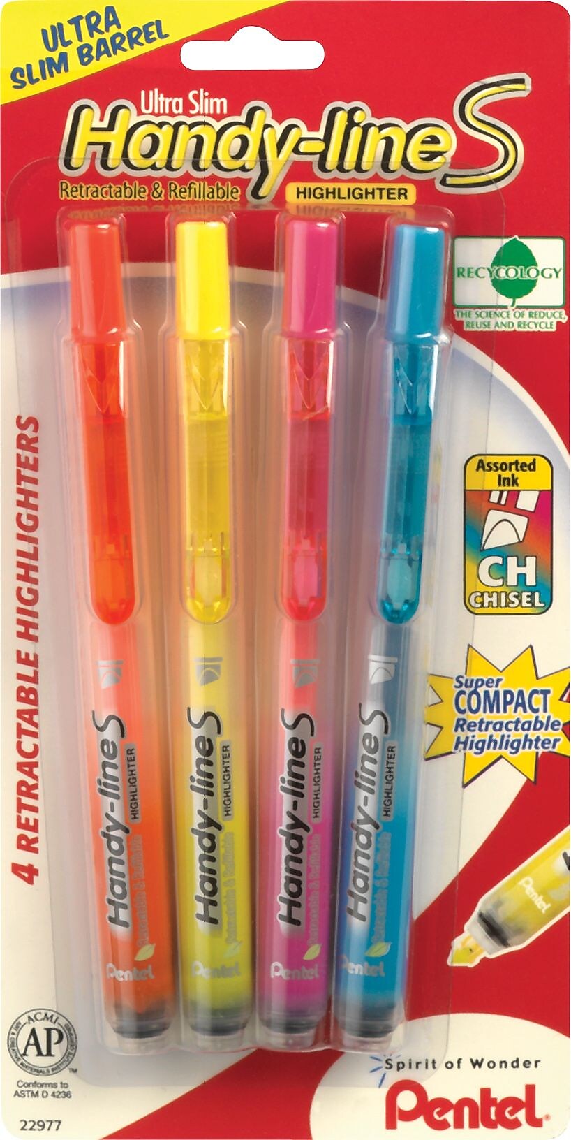 Pentel® Recycled Handy-Lines Slim Retractable Highlighters, 4/Pack